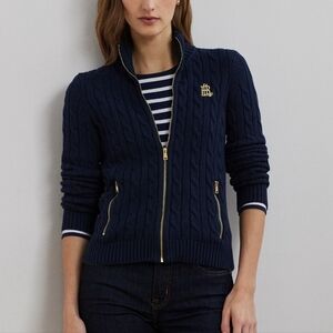 Black Label Lauren Ralph Lauren Navy Cable Knit Zip-Up Sweater Size Extra Small